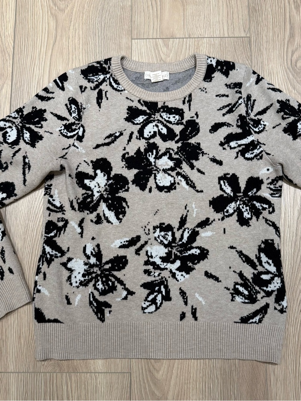 Cynthia Rowley Beige Crewneck Sweater with Black Floral Pattern